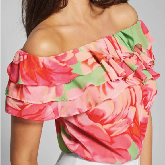 Marciano Guess Ruffled Off the Shoulder Floral Sheer Top - Picture 4 of 12